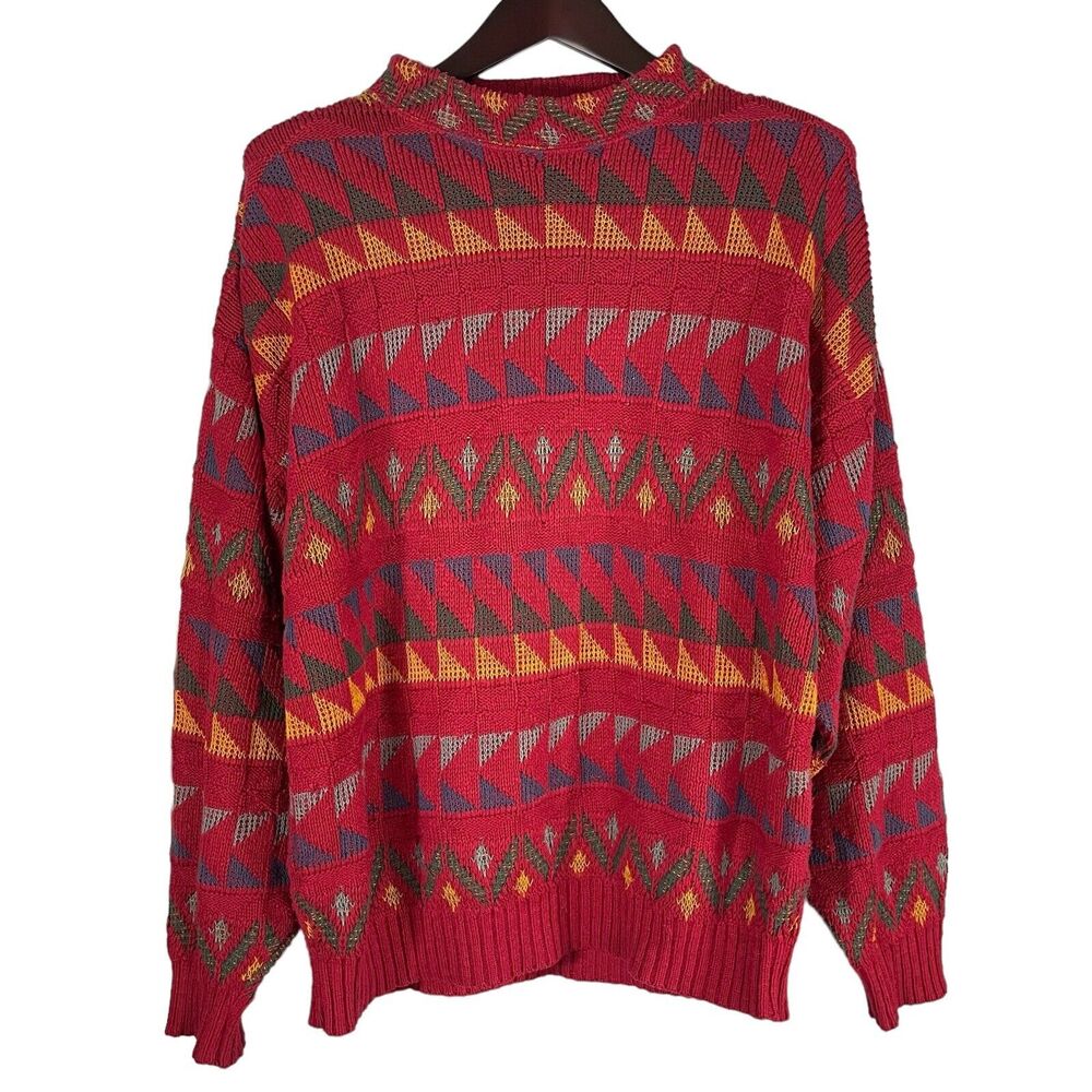 Vintage Crossings 80s USA Cotton SIZE LARGE Mens Coogi Style Sweater 3D Knit Geo